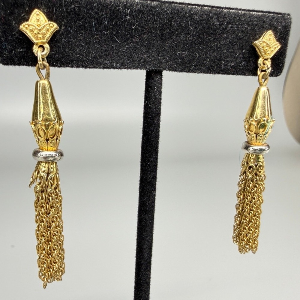 Vintage Tassel Pierced Earrings Mixed Metal Gold Tone Dainty Victorian Revival